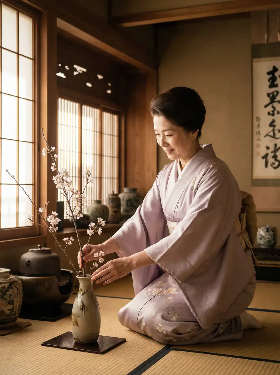 一位优雅的 成人软件 在和室中插花